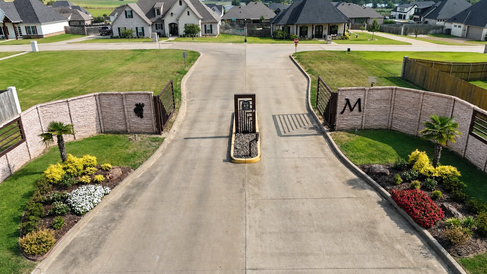Aerial approach through the open Mulilo gates toward homes within the neighborhood